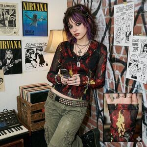 Vivienne Tam y2K 2000’s Printed Sheer Mesh Long Sleeve Grunge Top Size M NWT